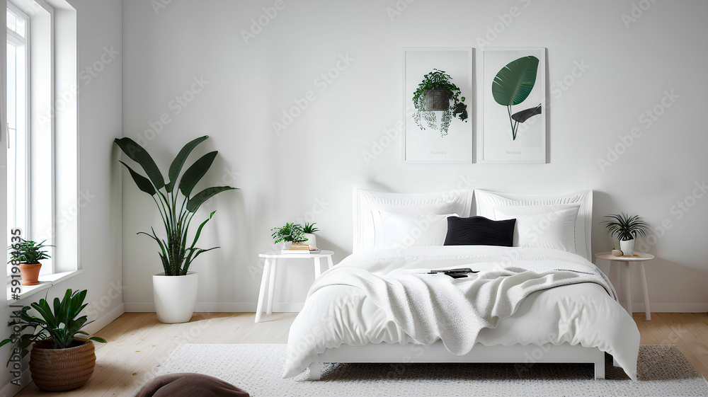 Fototapeta premium Light interior with white bed and window. Posters on white wall.