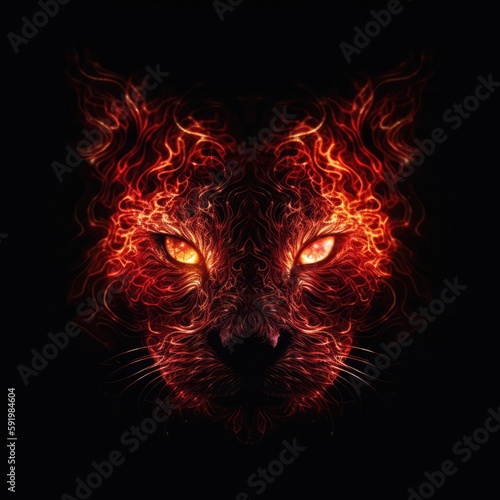Chartreux Face Shape In Red Fire On Black Background. Generative AI