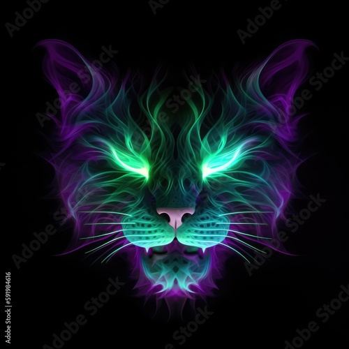 Cat Face Shape In Green Purple Fire On Black Background Dazzling And Radiant. Generative AI