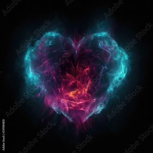 Heart Shape In Red Purple Fire On Black Background Realictic. Generative AI