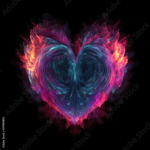 Heart Shape In Red Purple Fire On Black Background. Generative AI