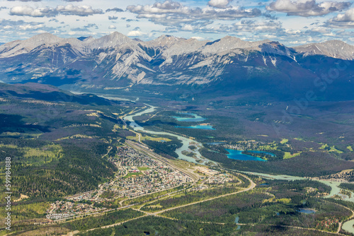 View of the townsite of Jasper in the Athabasca River Valley taken from The Whistlers mountain summit near the Skytram Upper Station in Jasper National Park; Jasper, Alberta Canada photo