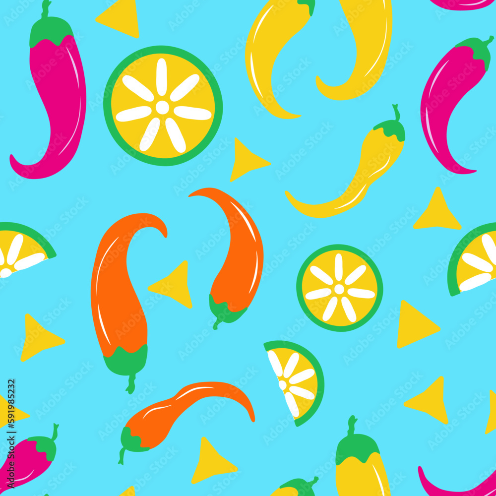 Seamless vector pattern with lime, chilli, pepper and nachos. Mexican traditional cuisine spices. Bright and fun background in cyan, yellow, green colors for kitchen or cooking