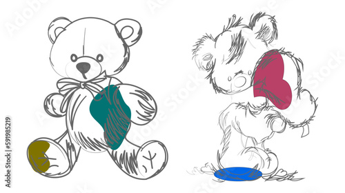 sketch pencil art cute baby bear doll for print shirt vector element logo