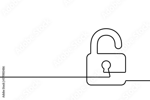 Keyhole icon. Black silhouette lock continuous line isolated on white background. Hand drawn padlock. Secrecy drawing graphic. Simple open lock. Hands draw stylized unlock concept. Vector illustration