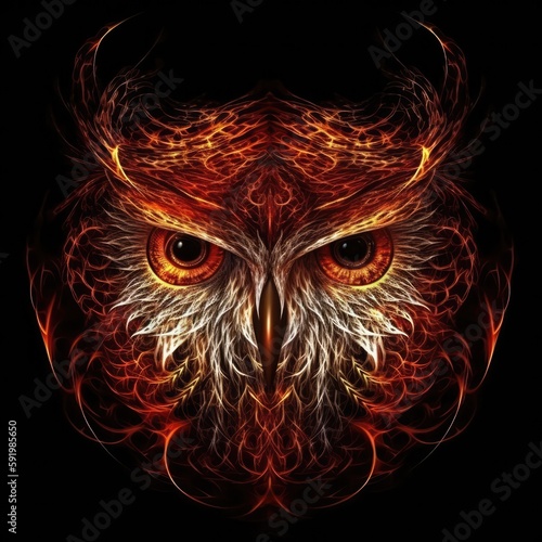 Owl Bird Face Shape In Red Fire On Black Background. Generative AI