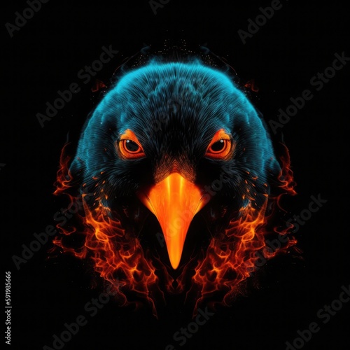 Penguin Face Shape In Fire On Black Background. Generative AI © Ян Заболотний