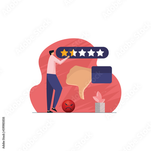 Unhappy Customer giving bad review and thumb down, Customer Negative Feedback and Low Rating concept