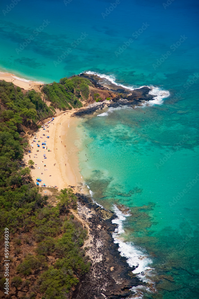 Aerial of Little Beach or Pu'u Ola'i (clothing optional beach); Makena, Maui, Hawaii, United States of America Aerial of Little Beach or Pu'u Ola'i (clothing optional beach); Makena, Maui, Hawaii, United States of America