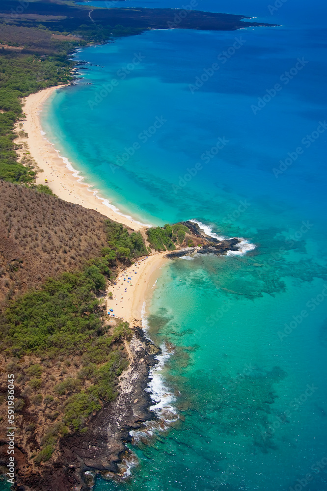 Aerial of two of Maui's famous beaches, Little Beach and Big Beach ...