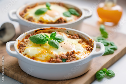 Italian baked eggs with meat and cheese decorated with basil. Generative AI.