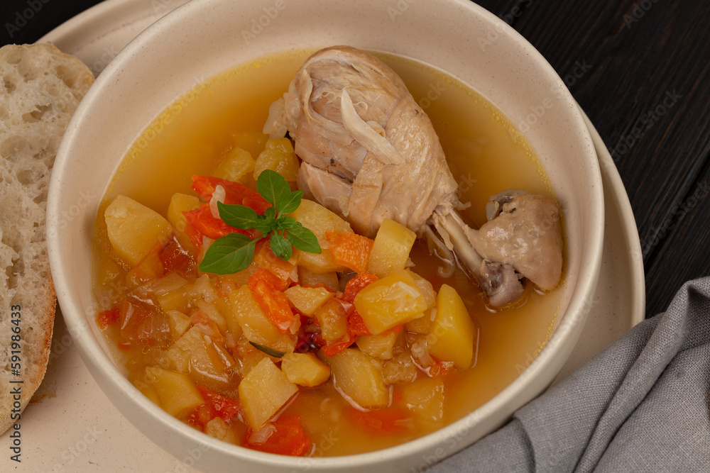 Roast chicken legs with vegetables with broth Roast chicken legs with vegetables with broth