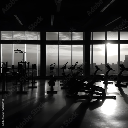 an empty gym in the night black and white illustration