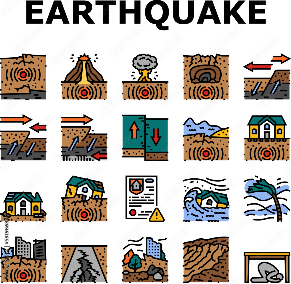 earthquake disaster wave crack icons set vector