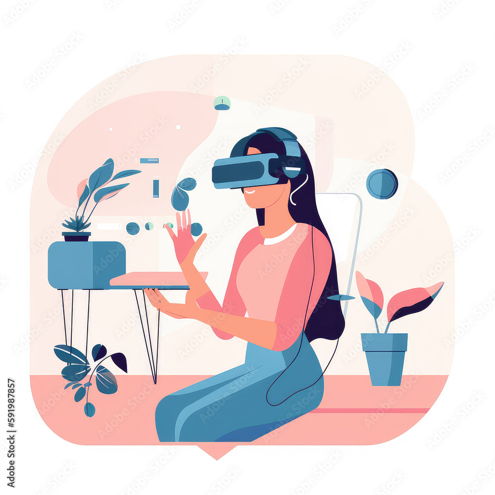 Girl using virtual reality device. Created with generative Ai technology.