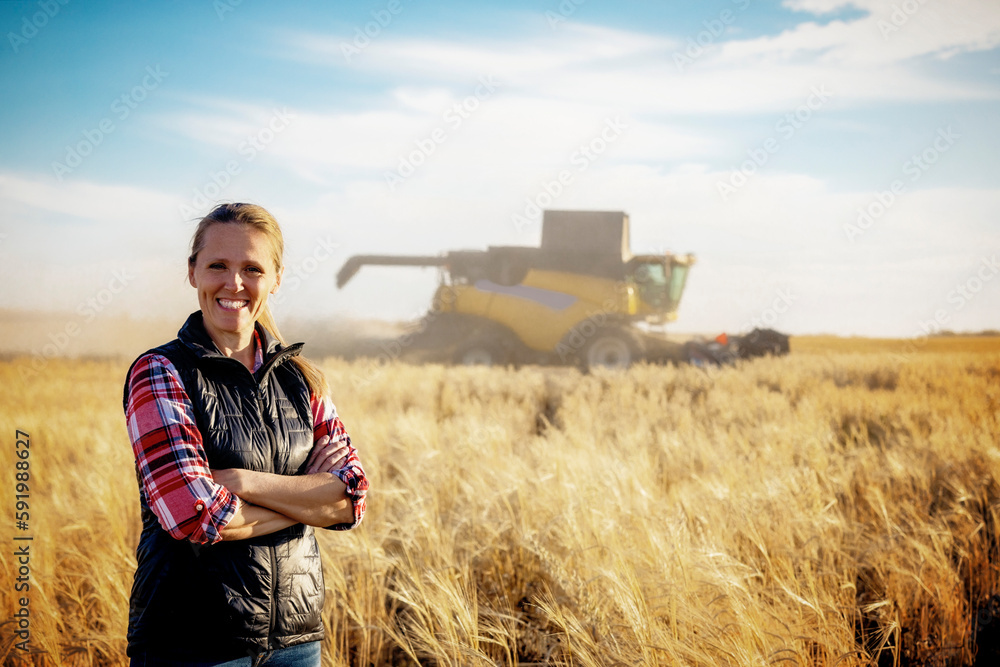 Portrait of a mature farm woman standing in a grain field, posing for the camera during harvest with a combine working in the background at sunset; Alcomdale, Alberta, Canada Portrait of a mature farm woman standing in a grain field, posing for the camera during harvest with a combine working in the background at sunset; Alcomdale, Alberta, Canada