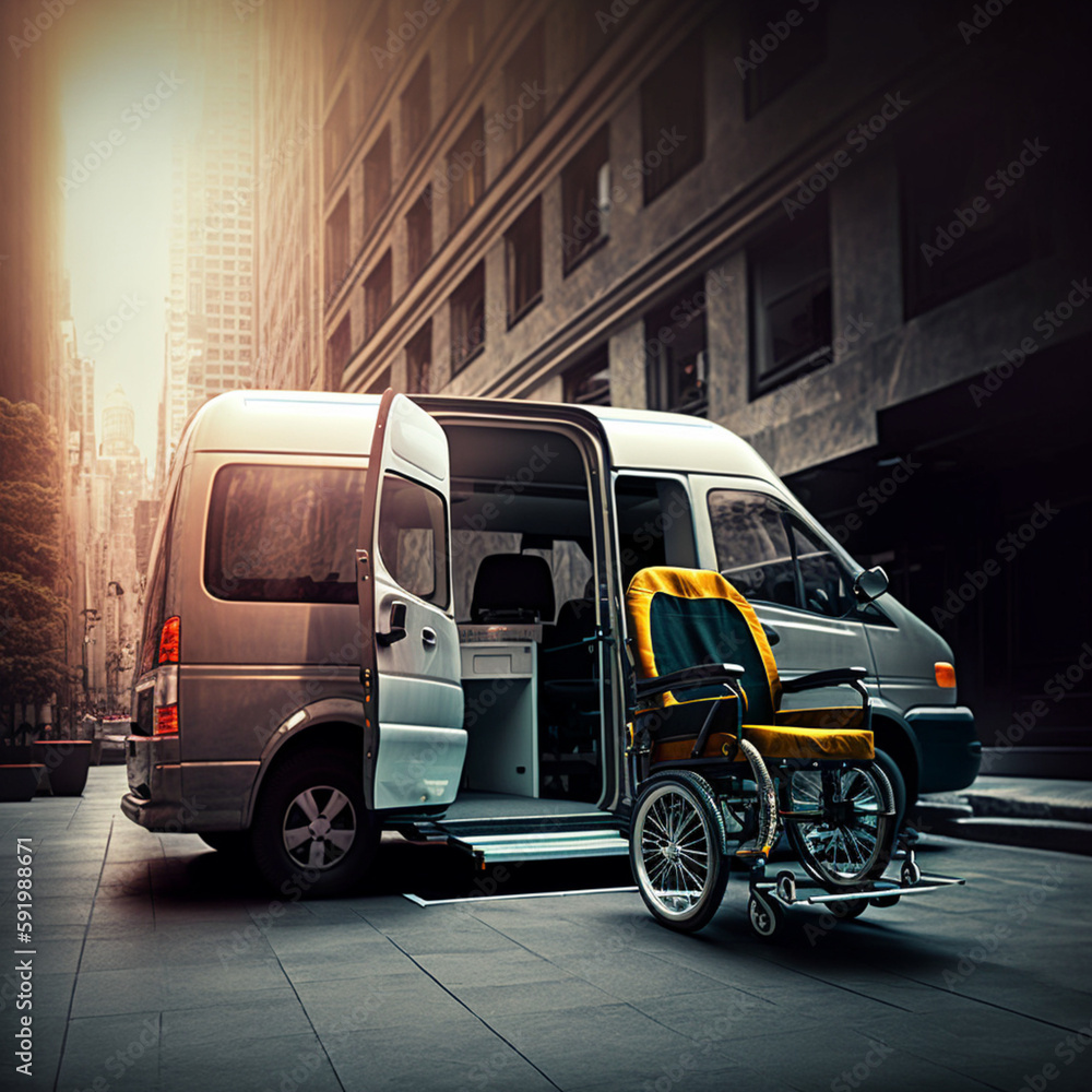 Van for people with reduced mobility. Assistance service for people with reduced mobility. Generative AI.
