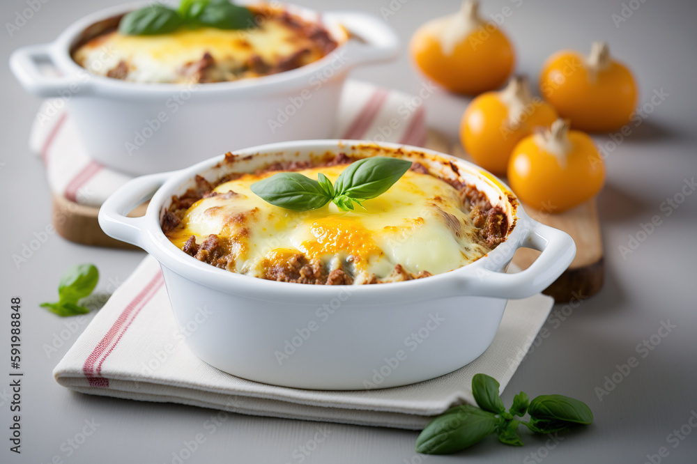 Italian baked eggs with meat and cheese. Generative AI.