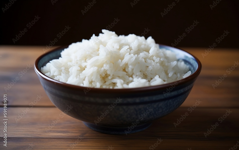 Bowl of rice on wooden table. Generative AI technology. Bowl of rice on wooden table. Generative AI technology.