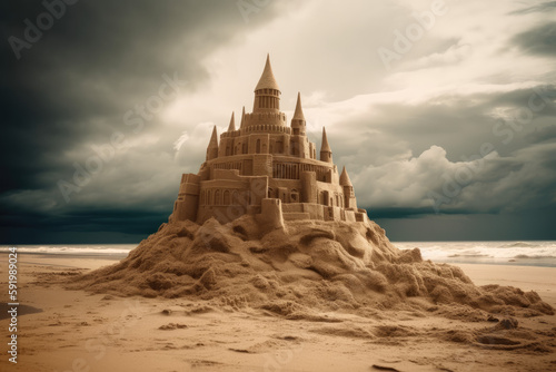 A large sandcastle fortress built on a sandy beach on a stormy day, AI generated digital artwork