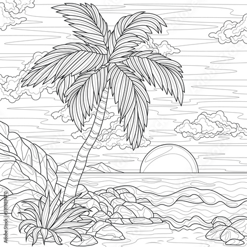 Sunset. Landscape with sea and palm trees.Coloring book antistress for children and adults. Illustration isolated on white background.Zen-tangle style. Hand draw