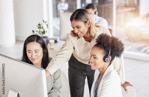 Call center, women and team manager at computer in sales office for coaching at help desk. Happy business people, telemarketing collaboration and review online solution, consulting and crm management
