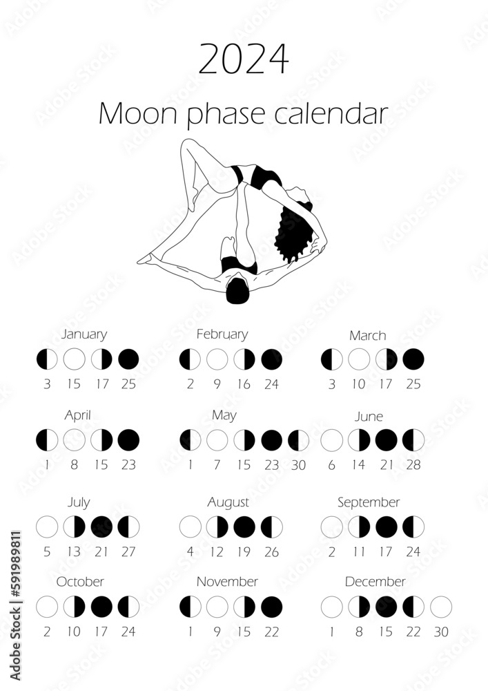 Moon phases calendar 2024 with couple doing yoga. Waning gibbous