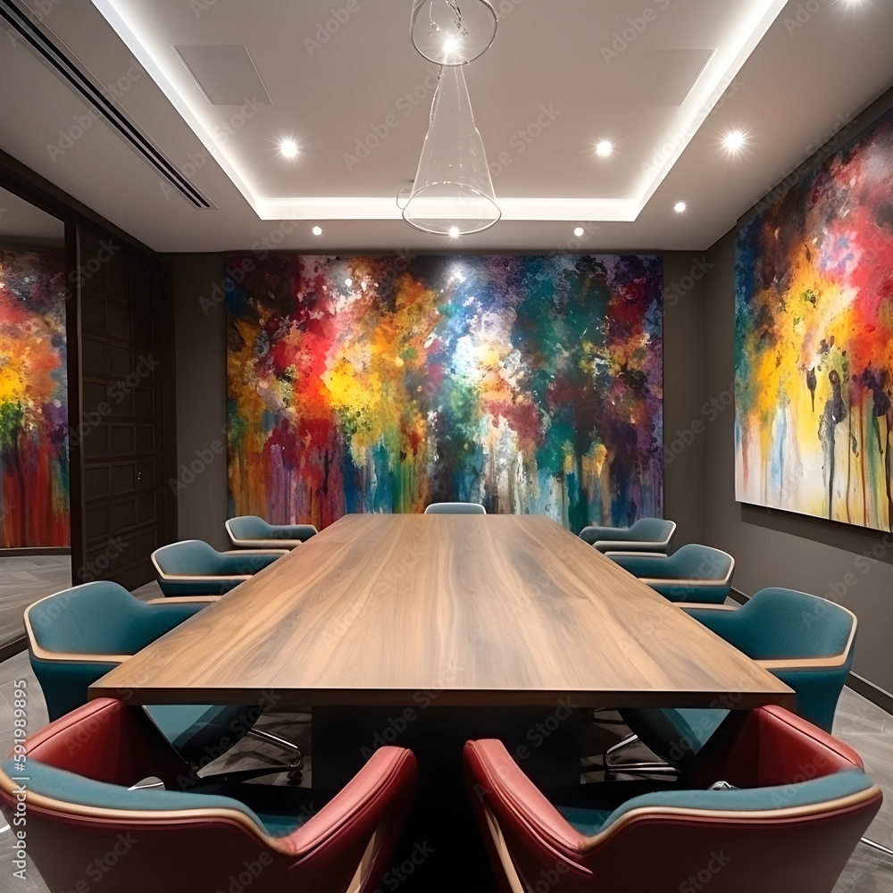 a modern meeting conference room with colourful abstract art on the
