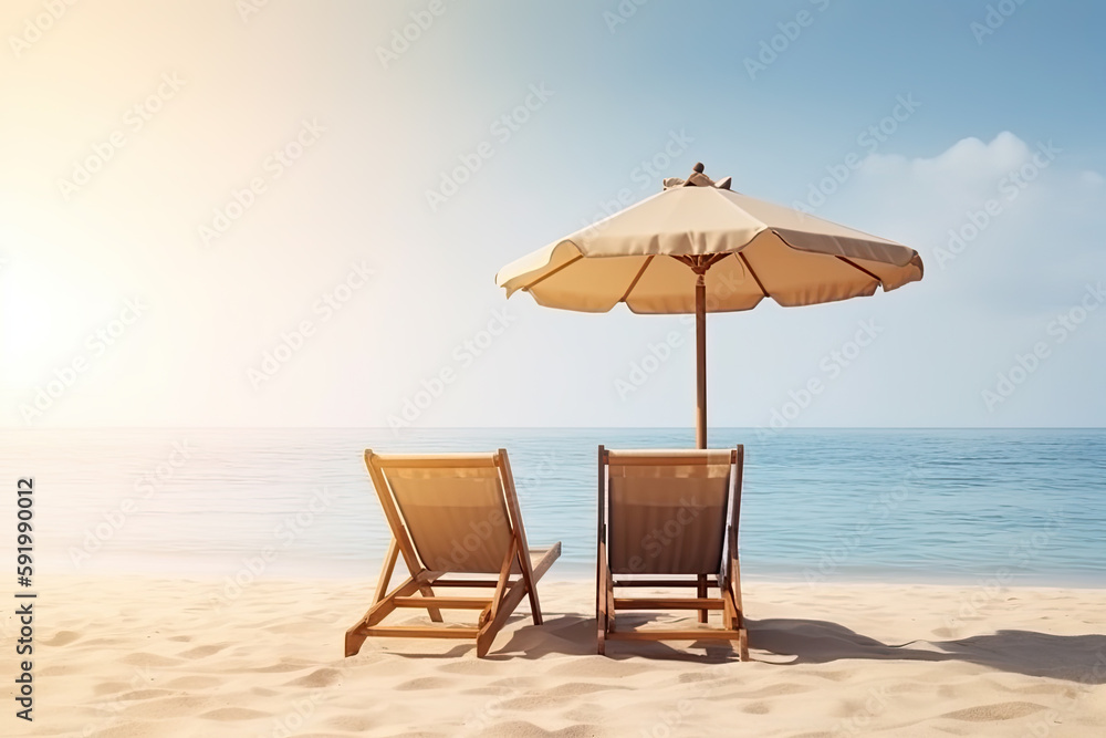 summer landscape with two wooden hammock with an umbrella on a tropical beach. summer concept. Ai generative