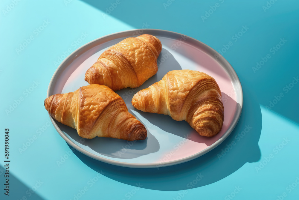 fresh croissants on blue plate and blue background. Ai generative