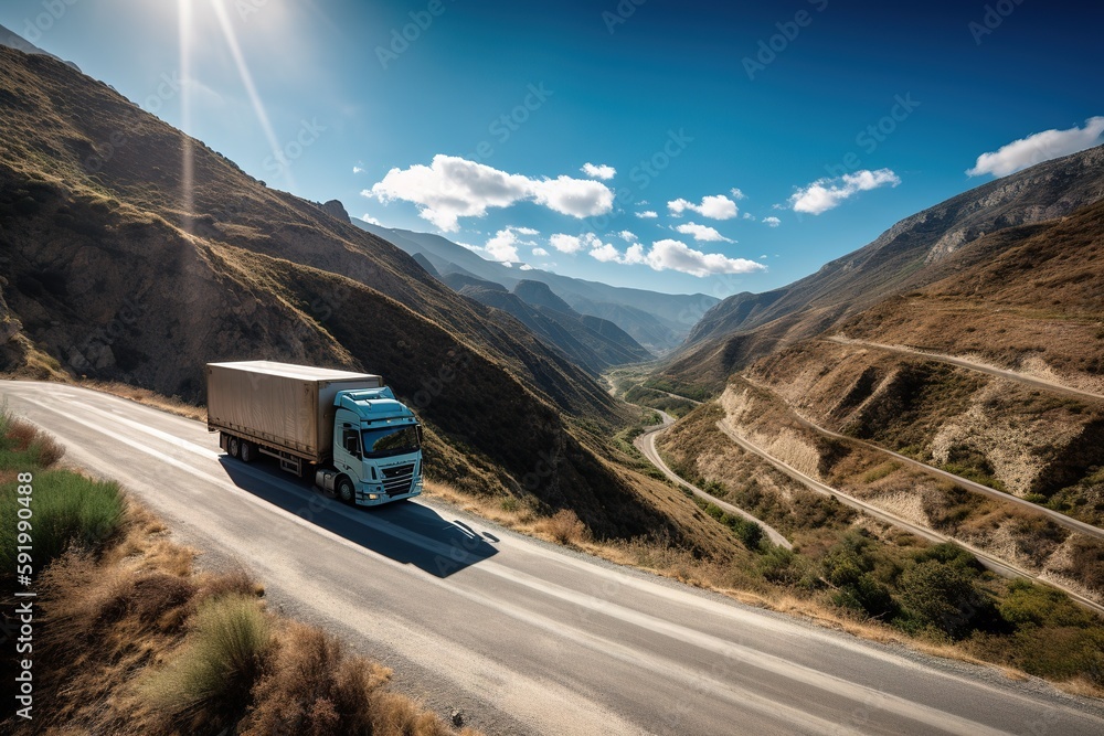 A scenic view of a truck driving through mountains: The image show a transport truck driving through a winding road in the mountains. Generative AI