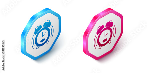 Isometric Alarm clock icon isolated on white background. Wake up, get up concept. Time sign. Hexagon button. Vector