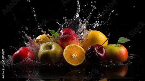 Exploding food photography mix fruits smoothie, Generative AI