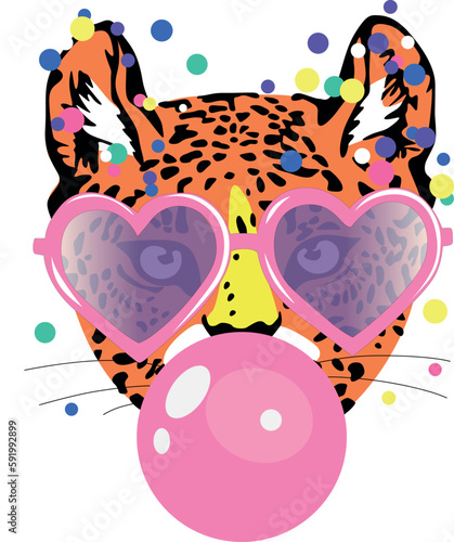 big cat with glasses inflates bubble gum