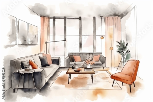 Bright and cozy drawing interior. Living room design created with generative ai tools