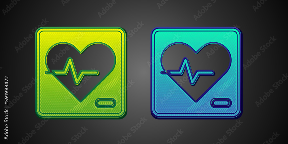 Green and blue Heart rate icon isolated on black background. Heartbeat sign. Heart pulse icon. Cardiogram icon. Vector Green and blue Heart rate icon isolated on black background. Heartbeat sign. Heart pulse icon. Cardiogram icon. Vector