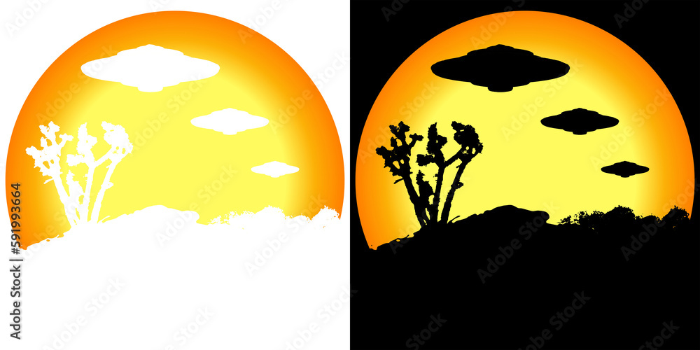 UFOs, Aliens over the desert, t-shirt design, transparent background