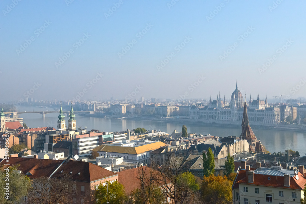 View towards Hungarian parliament from Buda Castle, Budapest.