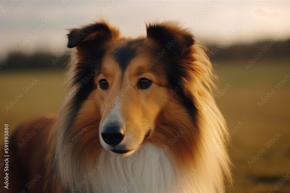 dog of the breed Rough collie looking at the camera.