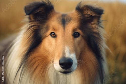 dog of the breed Rough collie looking at the camera.