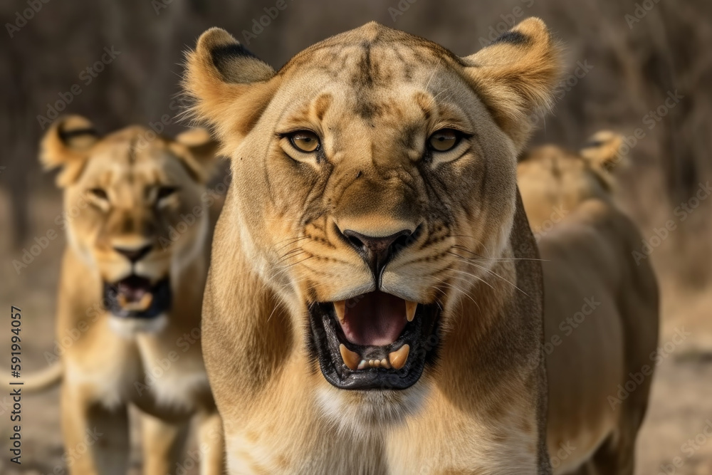 angry lioness with ears back and showing teeth looking at camera.