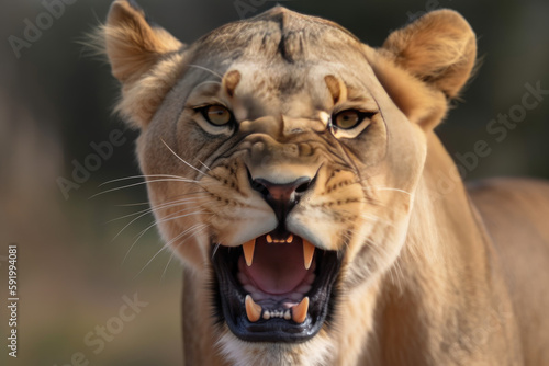 angry lioness with ears back and showing teeth looking at camera.
