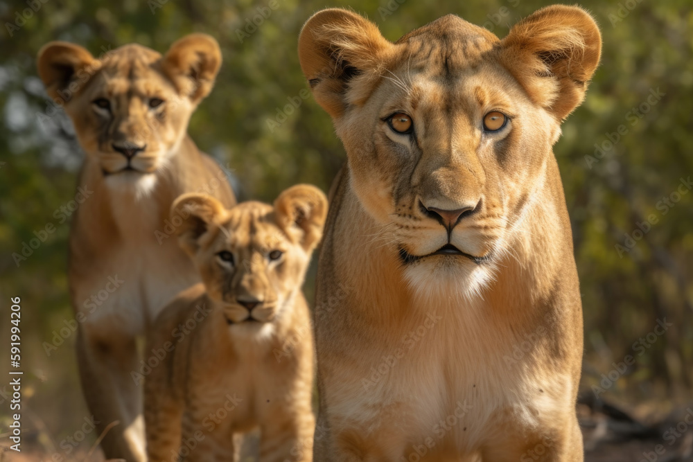 lioness with cubs standing looking at the camera.