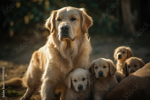 mother female golden retriever dog with her puppies looking at the camera.