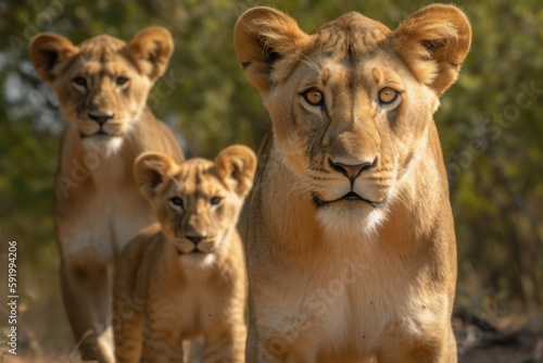 lioness with cubs standing looking at the camera. © Giovanna