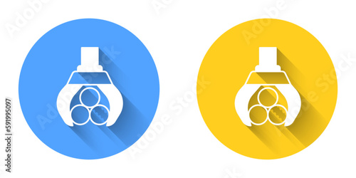 White Grapple crane grabbed a log icon isolated with long shadow background. Forest industry. Industrial crane for lumber trunk wood production. Circle button. Vector