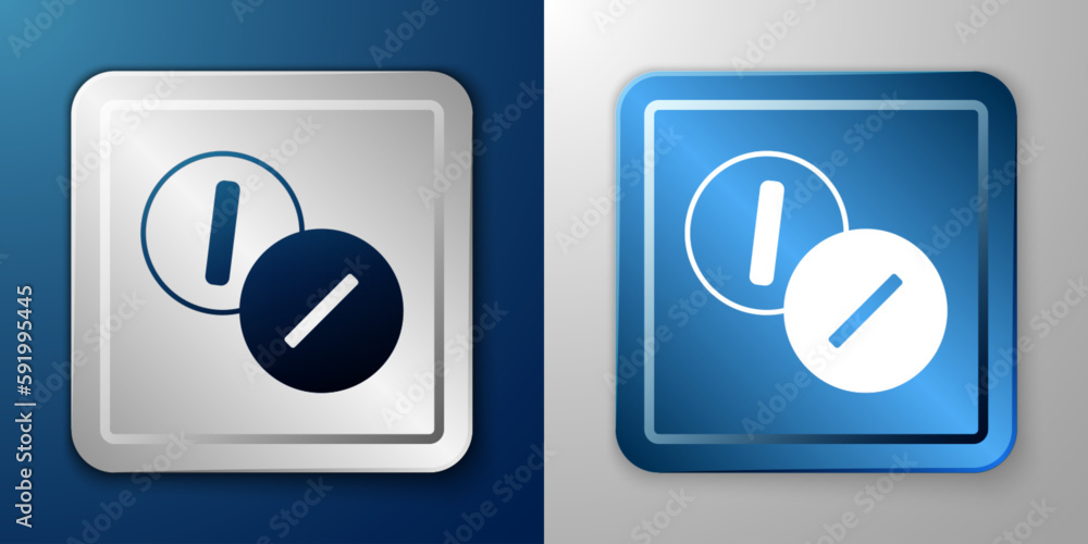 White Toothache painkiller tablet icon isolated on blue and grey background. Tooth care medicine. Capsule pill and drug. Pharmacy design. Silver and blue square button. Vector White Toothache painkiller tablet icon isolated on blue and grey background. Tooth care medicine. Capsule pill and drug. Pharmacy design. Silver and blue square button. Vector