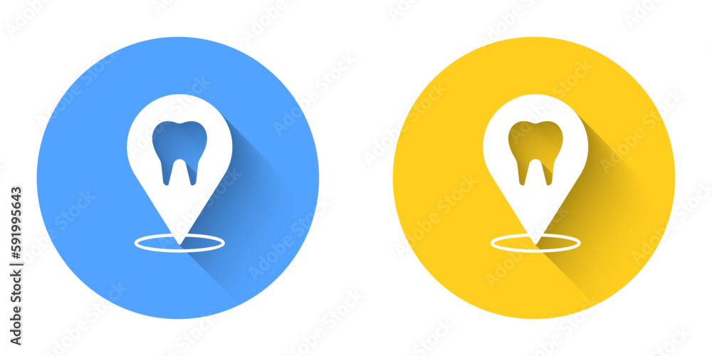 White Dental clinic location icon isolated with long shadow background. Circle button. Vector White Dental clinic location icon isolated with long shadow background. Circle button. Vector