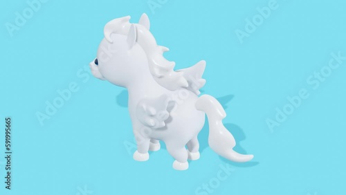 Cute white Pegasus with wings on a blue background. Minimal modern seamless motion design. Abstract loop animation