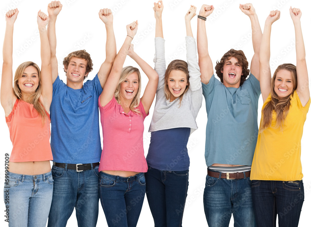 Smiling people raising hands up in the air Smiling people raising hands up in the air